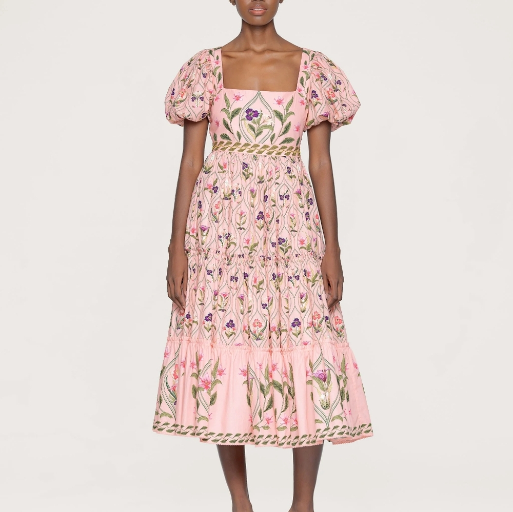 Agua by Agua Bendita Pink Floral Embroidered Midi Dress